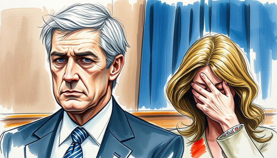 Courtroom sketch of serious man and woman, blue curtain background.