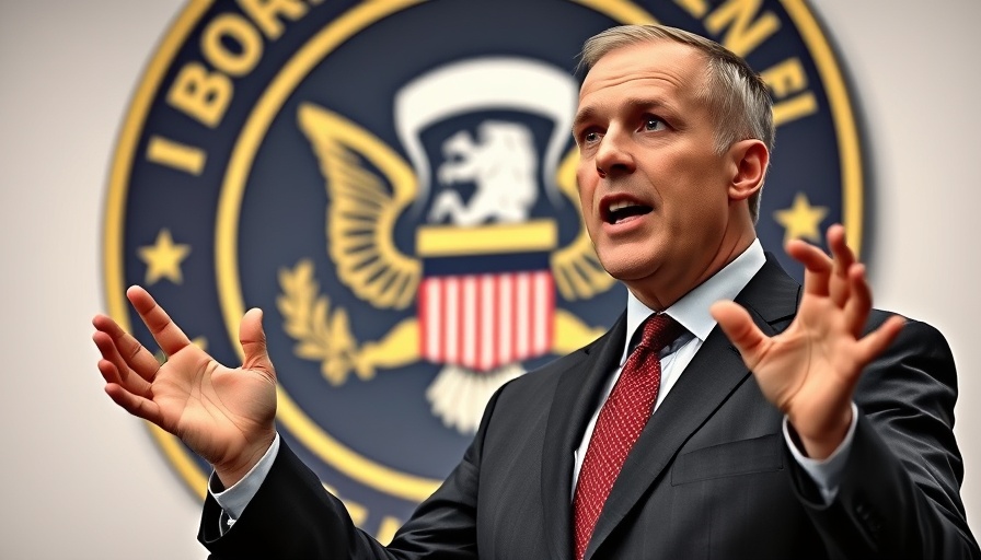 Male speaker gesturing against a seal backdrop discussing Trump's immigration tactics.