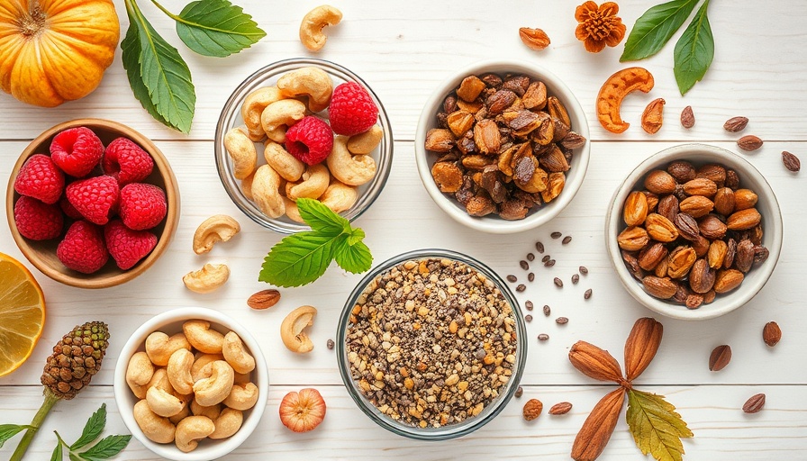 Assortment of healthy plant-based foods on wooden table.