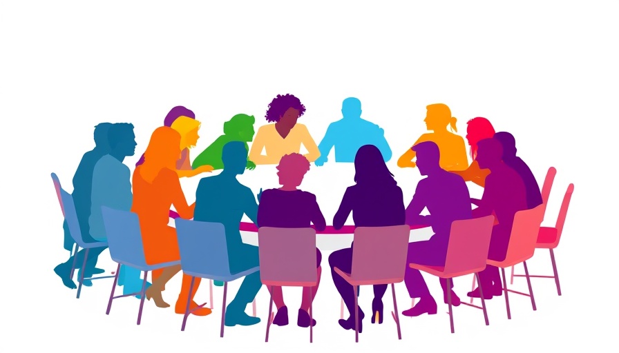 Illustration of diverse silhouettes discussing around a table, vector style.