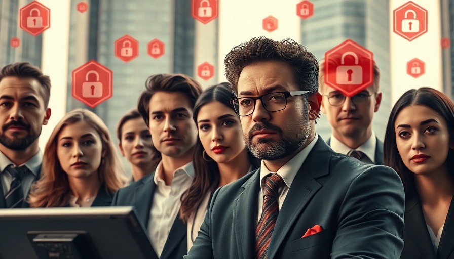 Diverse group of professionals with technology and security icons, urban backdrop