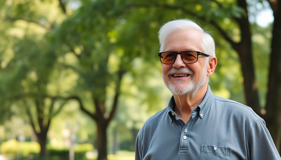 Elderly man smiling warmly outdoors in a lush green park.