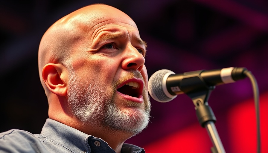 Man speaking into a microphone at an event, highlighting social media as a news source.