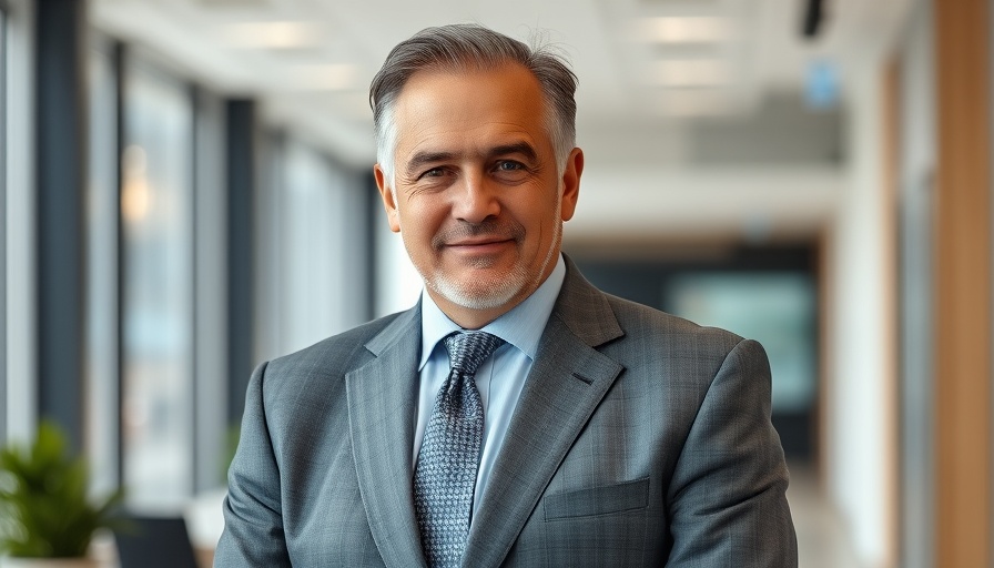 Middle-aged man in gray suit, trending news on social media.