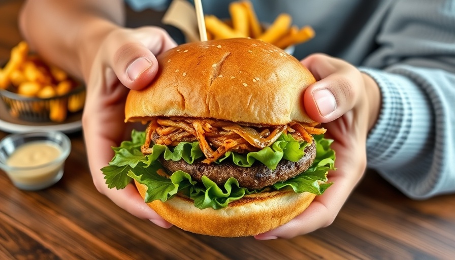 Unhealthy plant-based burger in sunny café setting, heart disease risk.