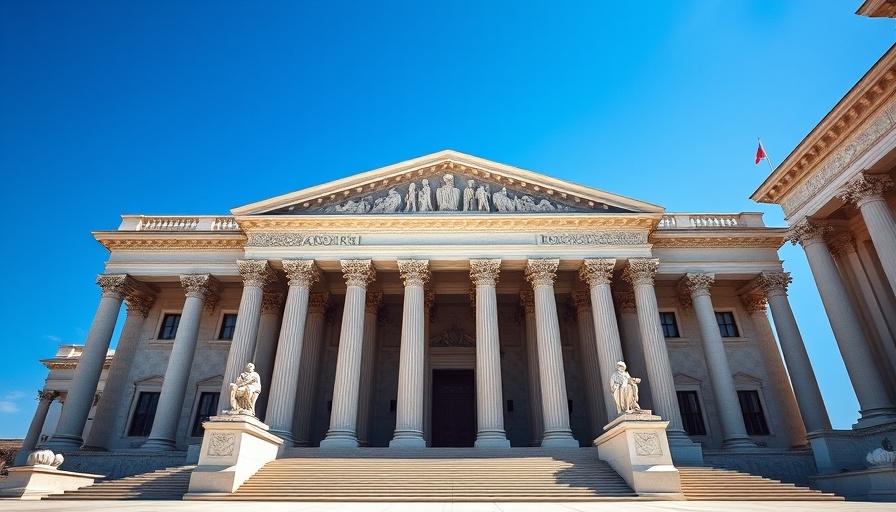 Supreme Court building with columns and statues under blue sky.
