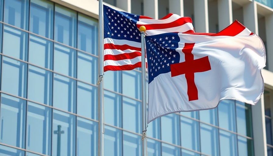 American and Appeal to Heaven flags waving near a glass building.