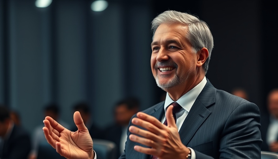 Smiling man at a conference, conveying a point.