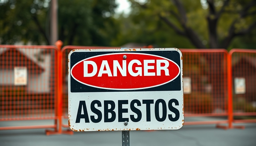 Danger sign about asbestos near safety barrier outdoors.