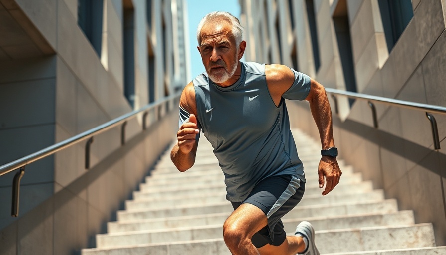 Elderly man running up stairs outdoors, exercise protects the brain from Alzheimer's disease.