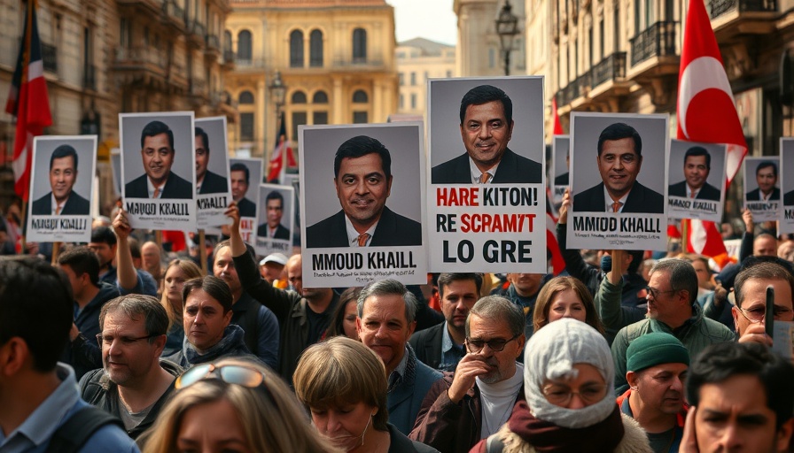Protest for Mahmoud Khalil's release in city street with signs.