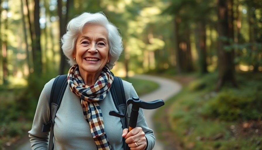 Smiling older women walking with trekking poles in a forest.