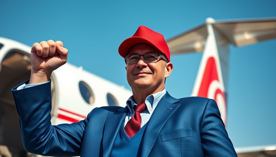Confident man in blue suit with red cap, raising fist, outdoors.