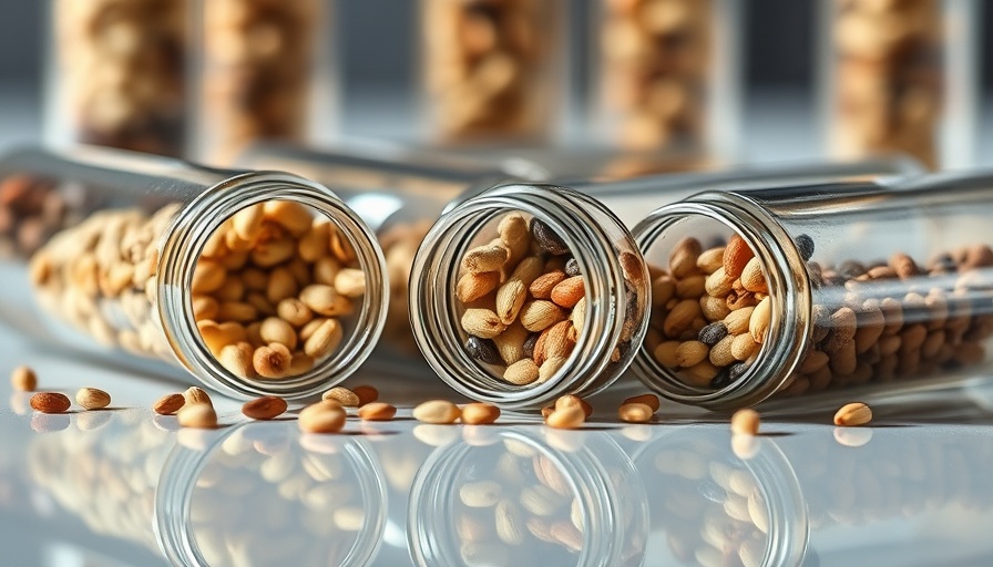 Macro shot of vials with various seeds on a reflective surface.