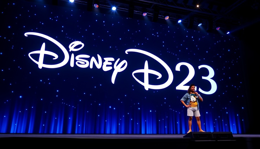 Disney D23 stage with speaker, discussing layoffs and growth opportunities.