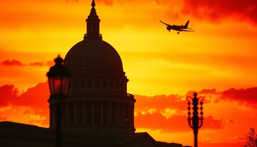 Government building silhouette at sunset, capturing technological aspirations.