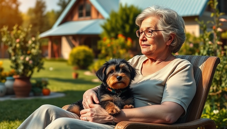Older woman with dog in sunny garden, relaxed and serene.