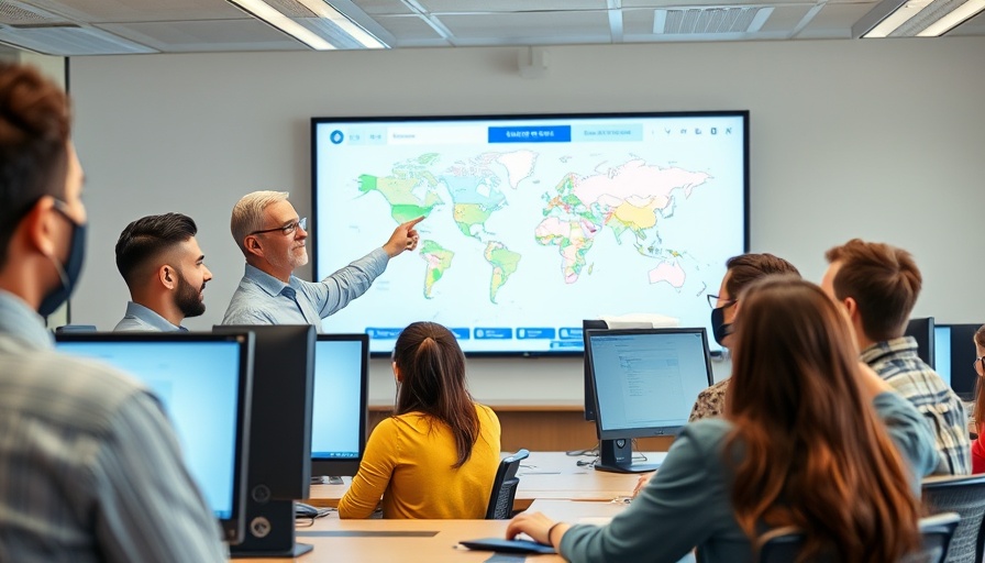Confident instructor teaching in tech-filled classroom, lifelong learning.