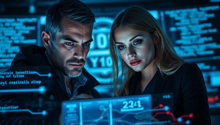 Individuals analyzing identity crime reports with digital interface.