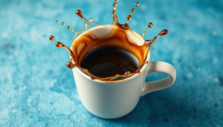 Splash of instant coffee from white cup, focus on movement.