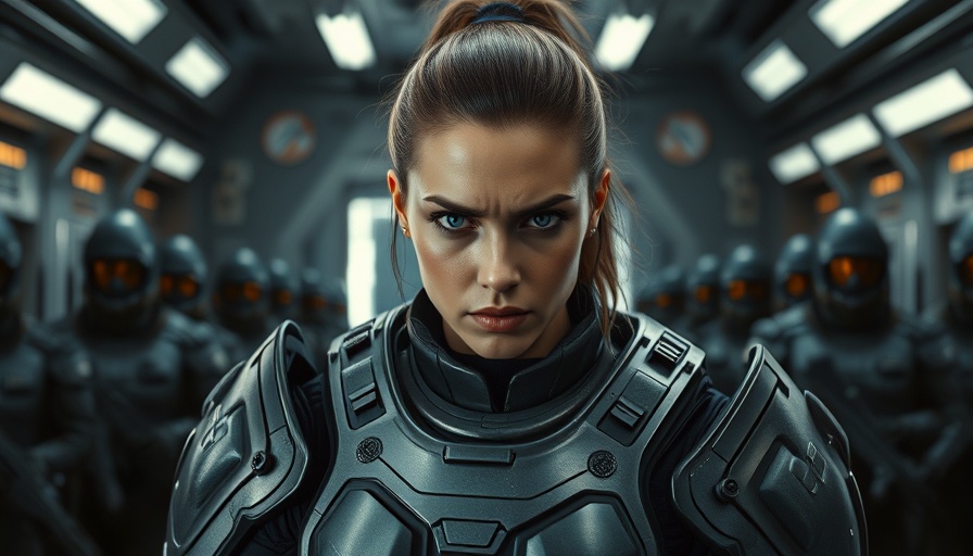 Intense woman in futuristic armor in sci-fi setting, M3GAN 2.0 fight scenes.