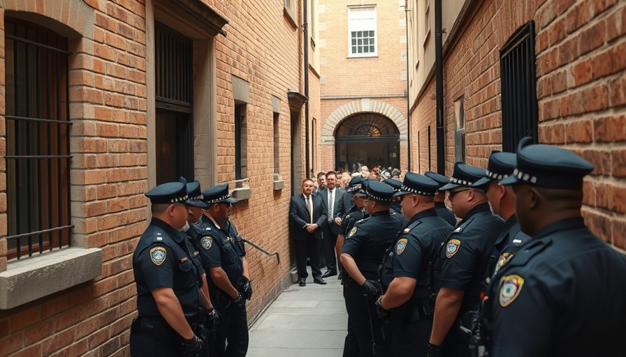 Police presence at Jeff Bezos event in narrow alleyway.