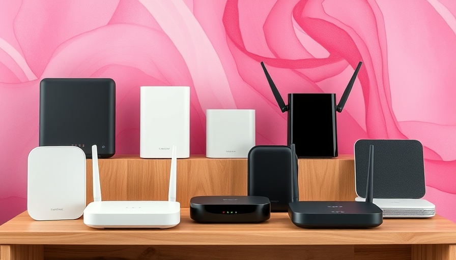 Modern mesh Wi-Fi routers on wood and shelf, pink abstract background.