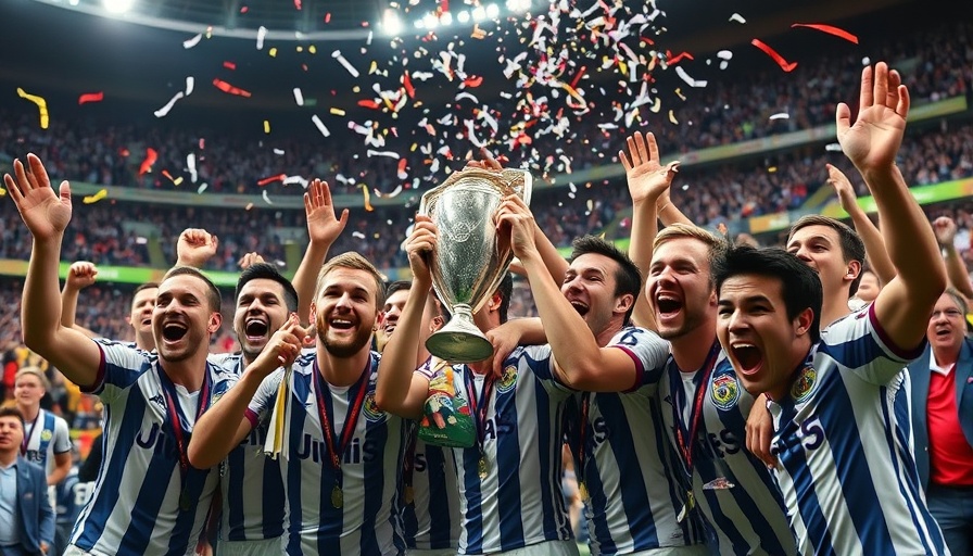 Ecstatic soccer team celebrates victory amid flying confetti.