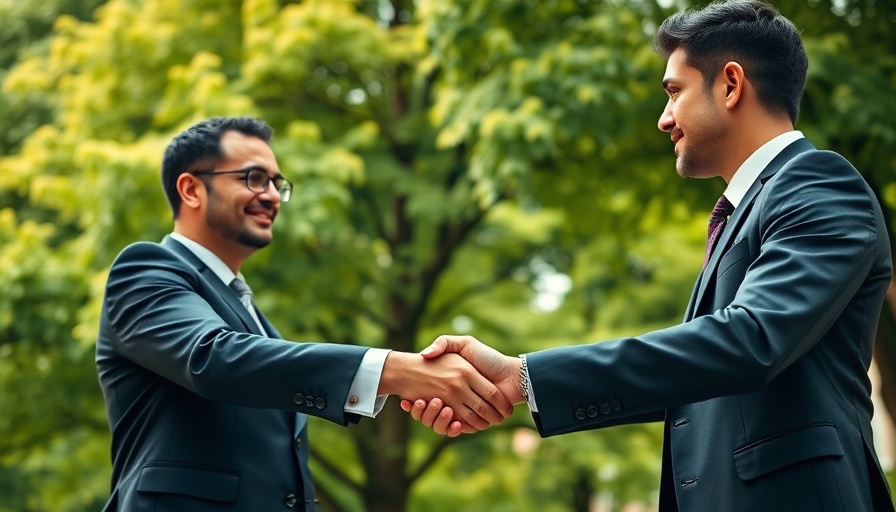 UK US Tariff Deal represented by two executives shaking hands outdoors.