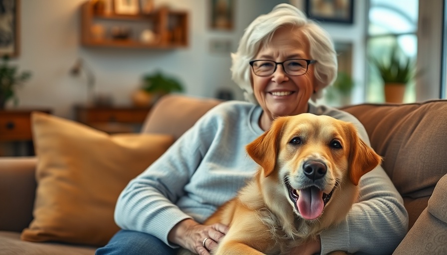 Older woman smiling indoors with a dog, cozy setting.