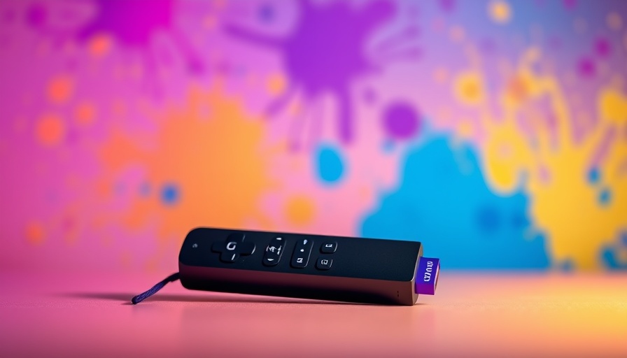 Sleek Roku streaming stick and remote over a colorful gradient background.