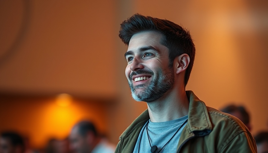 Smiling man in casual outfit at event, discussing AI.