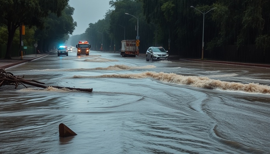 Flooded road with debris during natural disaster in Texas.