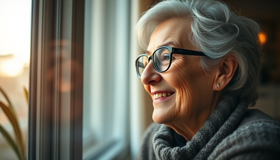 Older woman in blue looking out window, linked to lower Alzheimer's risk.