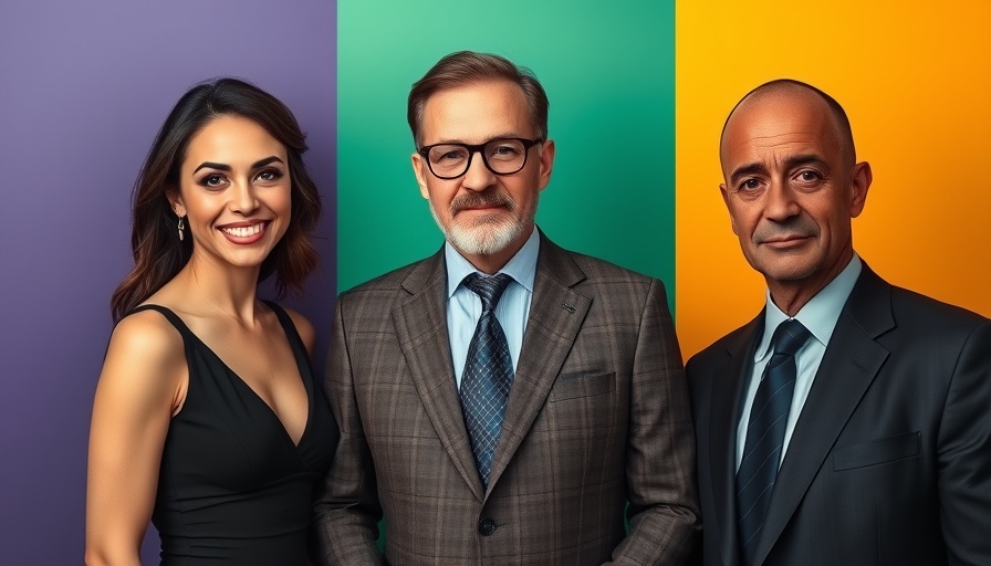 Three individuals in formal attire posing for celebrity news today.