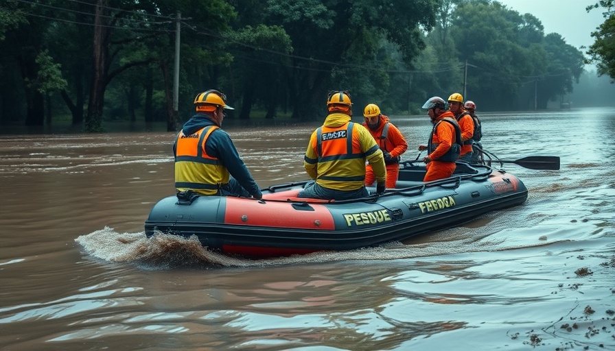 Emergency team maneuvers boat in flood, highlighting National Weather Service flood prediction efforts.