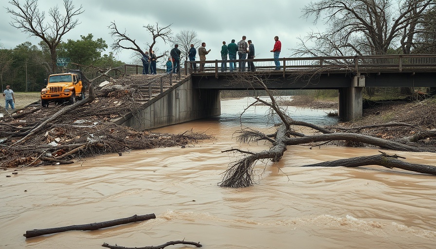 Texas flood recovery efforts with people on damaged bridge and debris.