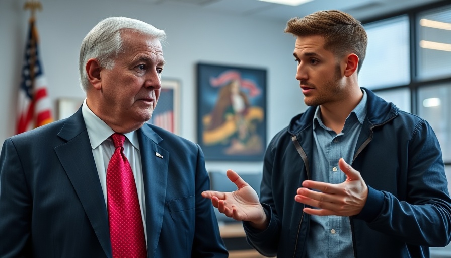 Political discussion scene with older man and younger man in candid expressions.