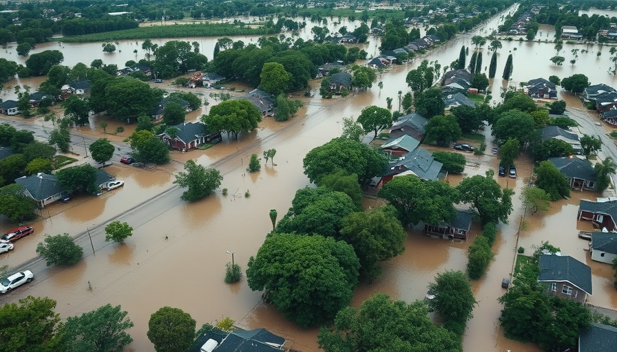 Aerial view of Texas neighborhood amid flooding, houses and cars submerged.
