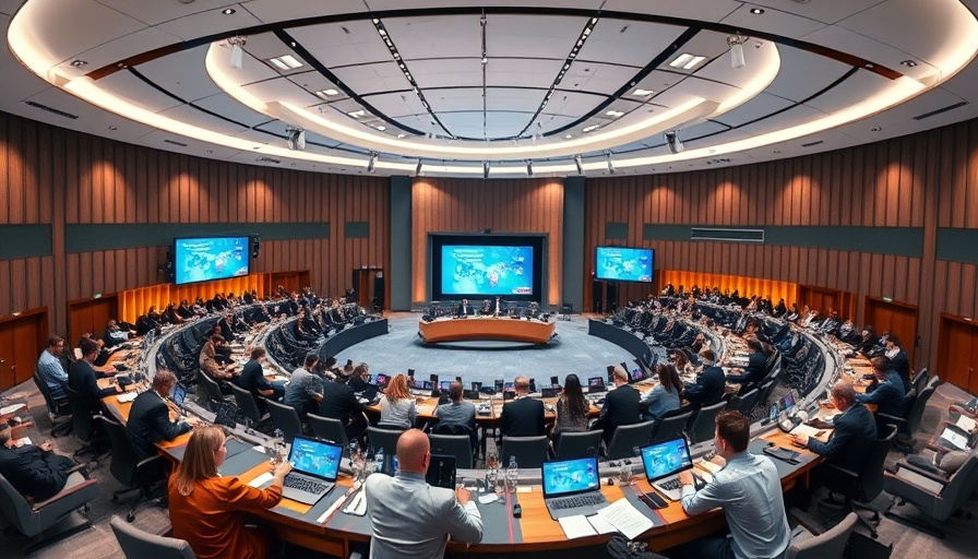 WHO Pandemic Agreement discussion in a circular meeting room with delegates and screens.