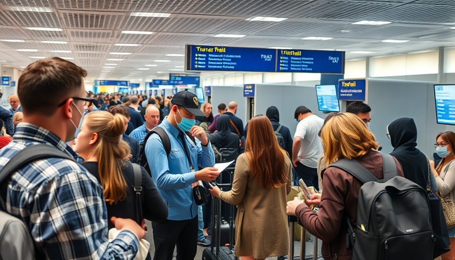 Busy airport security checkpoint, TSA agent inspects bag, shoe removal context.