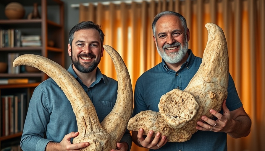 Two men with moa fossils discussing de-extinction plans.