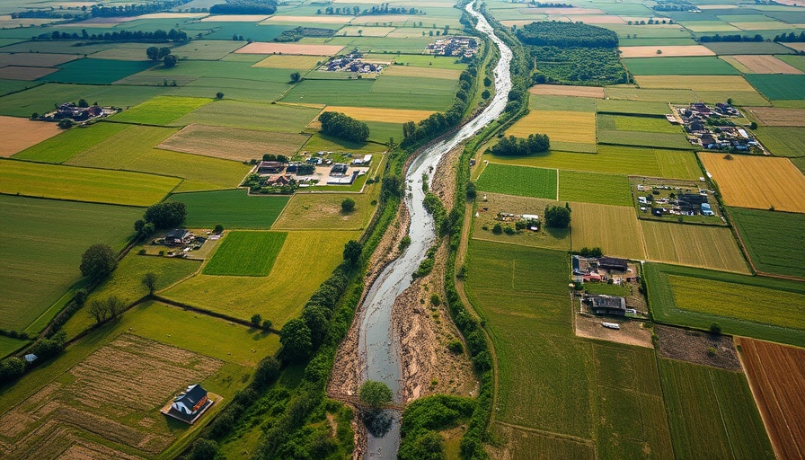 Aerial view of rural landscape illustrating flood risk in recreational areas.