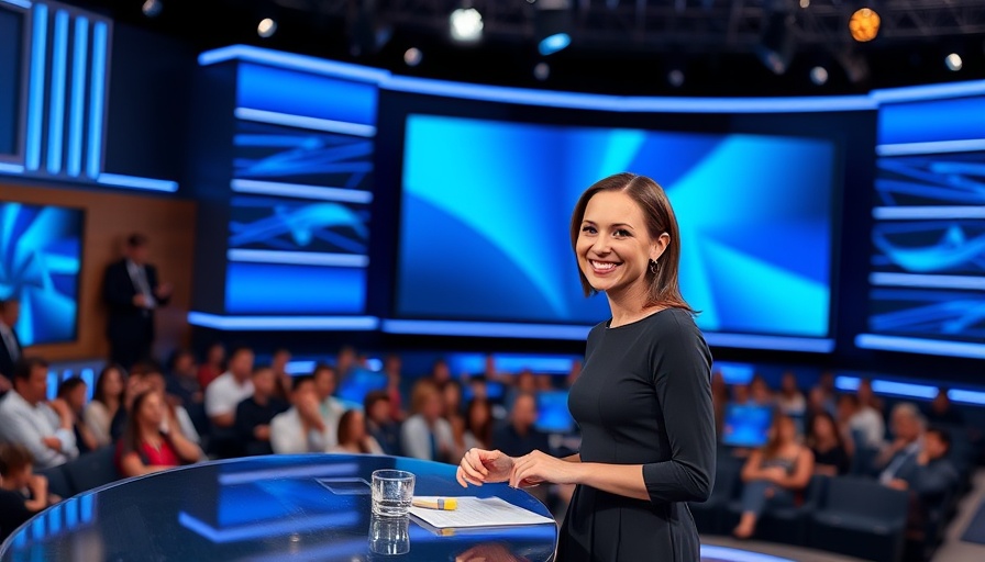 Host insights: TV presenter in blue dress on a modern set.