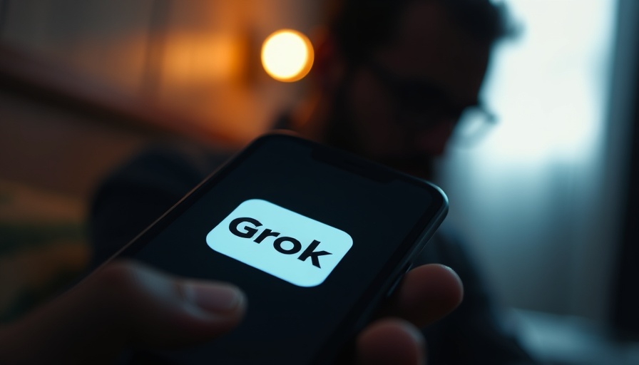 Grok app logo on phone screen with blurred figure, dark background.