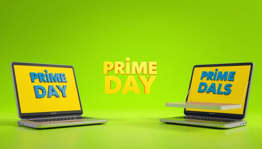 Prime Day Deals graphic with colorful laptops, best action camera deals.