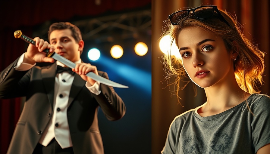 Thoughtful young woman and sword-swallowing performer under spotlight, celebrity news today.