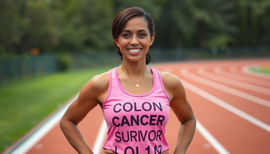 Confident woman in a 'colon cancer survivor' shirt on a track field.