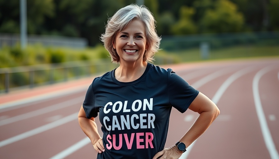 Colon cancer survivor posing confidently outdoors on sports track.