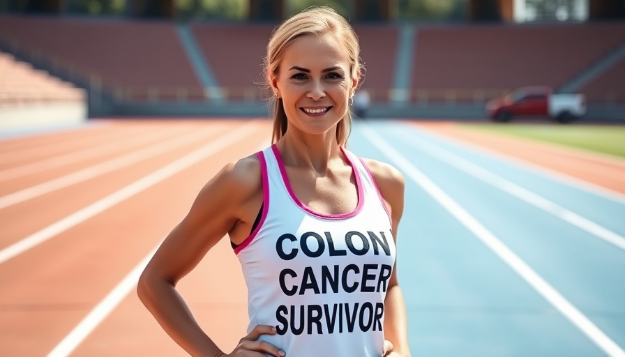 Confident woman standing on a track in colon cancer survivor shirt.